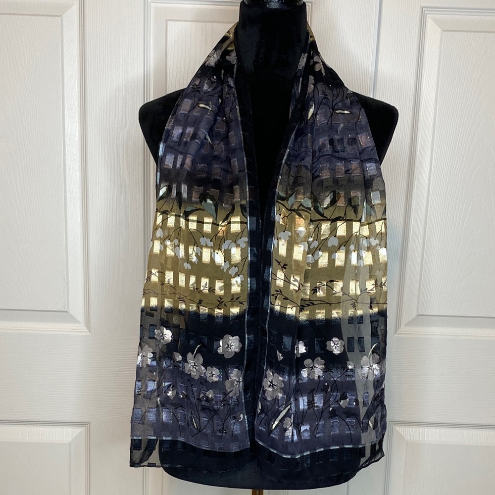 Vintage 90s Whimsygoth Black & Gold Floral Classic Sheer Satin Scarf